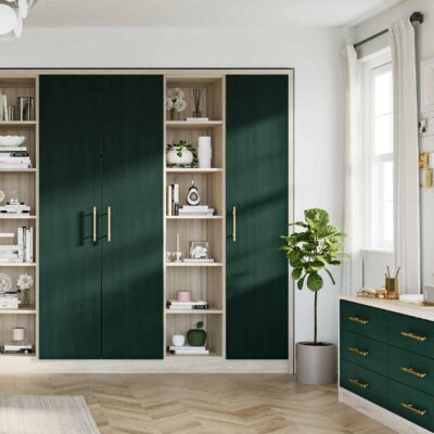 Hinged wardrobe doors in matt fir green