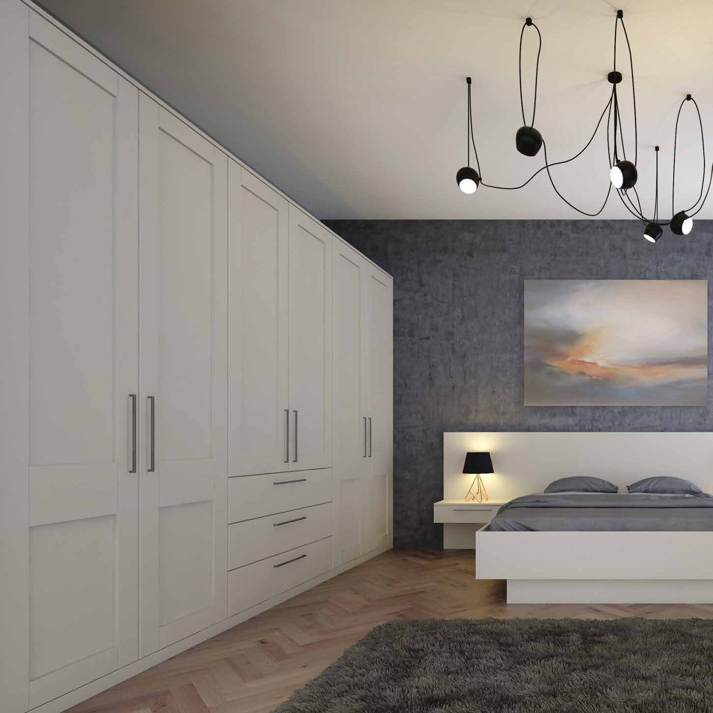 Hinged wardrobe doors in supermatt dove grey