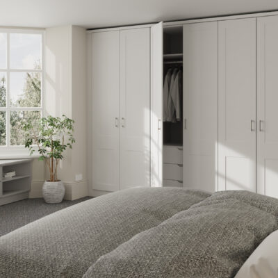 Hinged wardrobe doors in matt dove grey