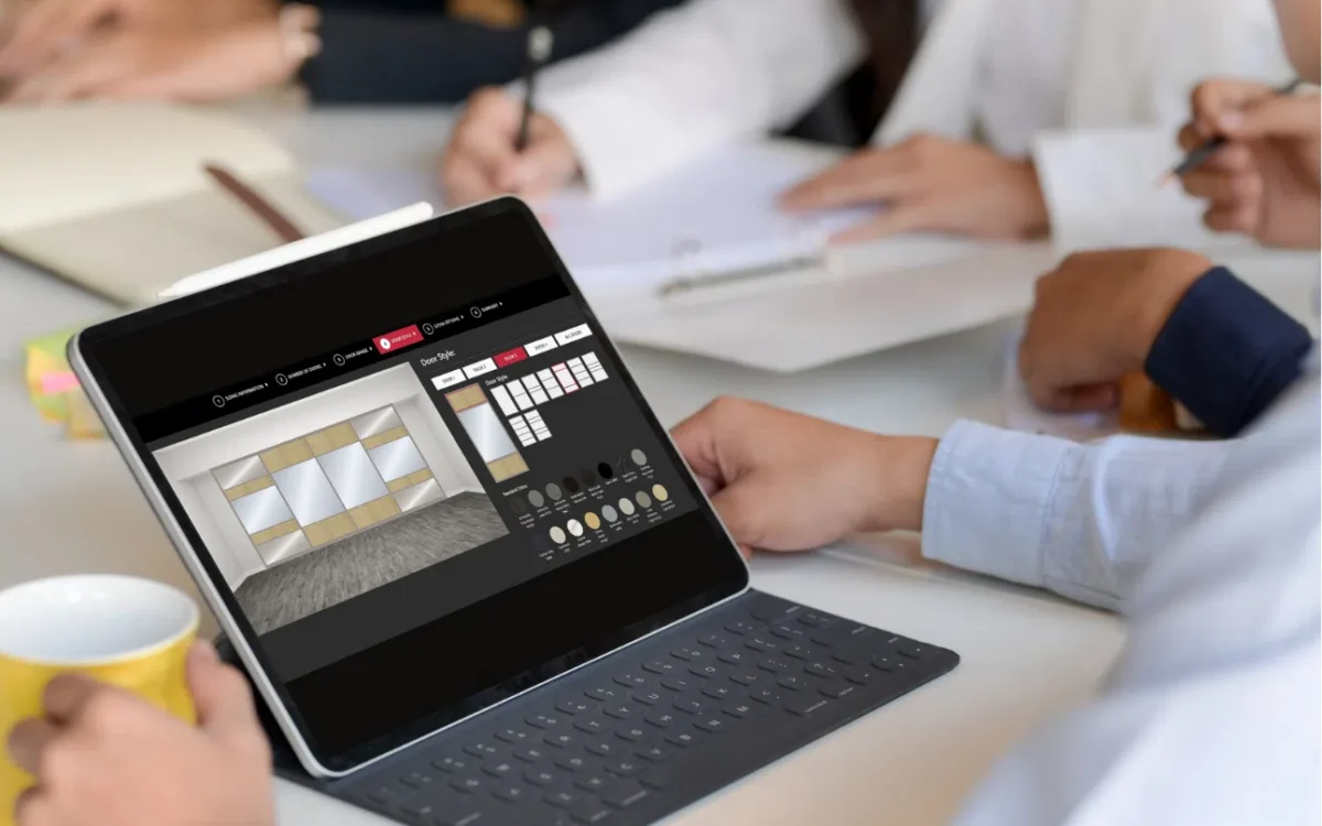 Sales Configurator displaying sliding door configuration on a tablet by Interior Door Systems