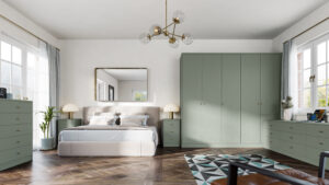 Lancaster (PFl Matt Sage Green) sliding wardrobe solutions, hinged wardrobe doors, and bespoke interior storage systems. Upsell Custom Furniture