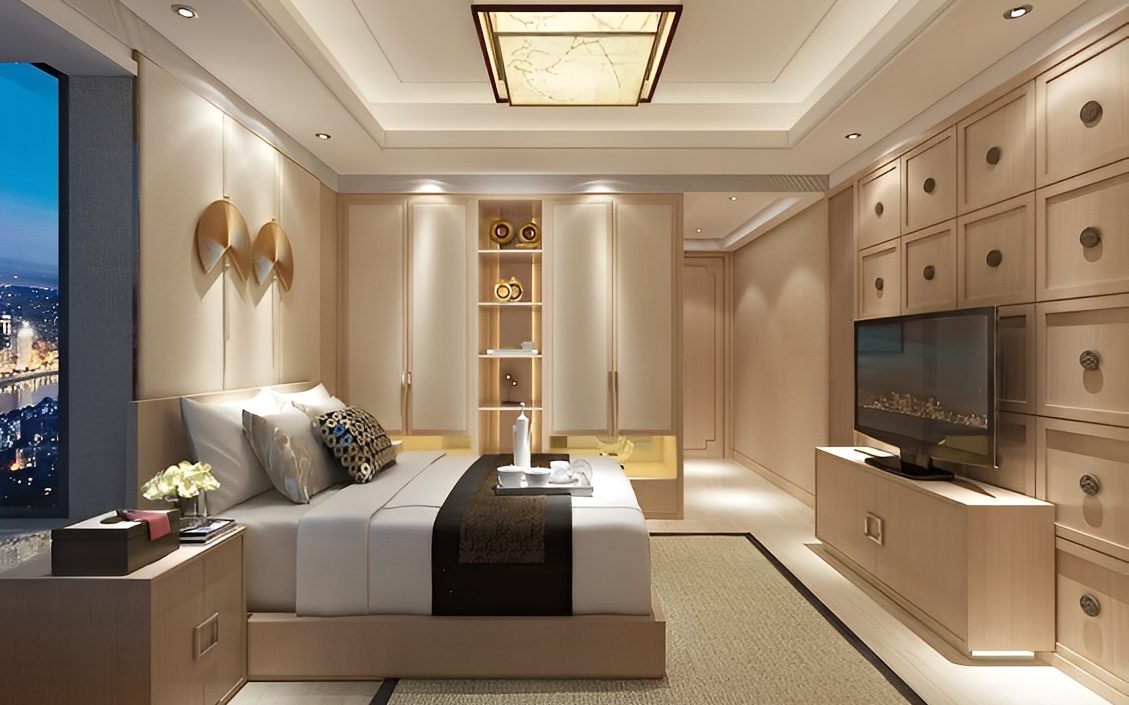Luxury bedroom wardrobes with fitted storage in a modern interior design