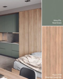Hinged wardrobes doors with woodgrain and earthy greens from IDS