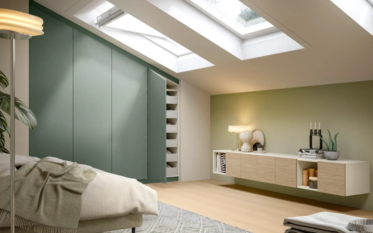 Hinged wardrobe doors green and wood finishes