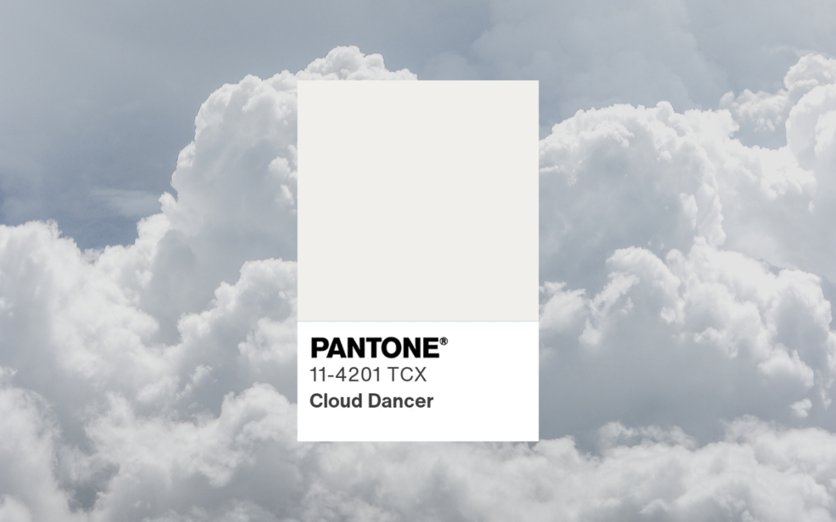 Cloud Dancer Pantone swatch on a cloud background