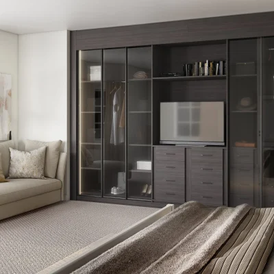 Chic sliding wardrobe doors with dark framed glass panels in a modern bedroom