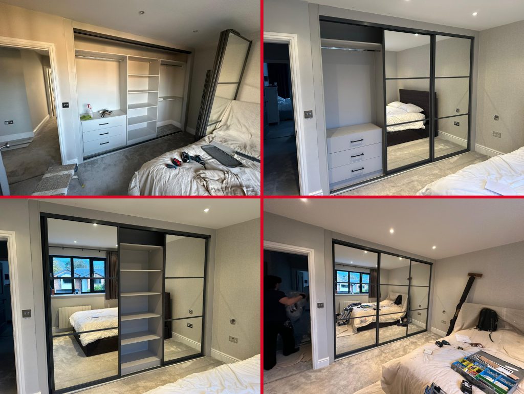 4 images of sliding wardrobe doors in small compact room 